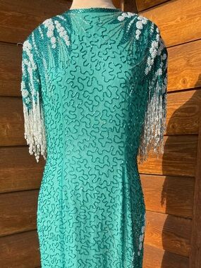 Lillie Rubin Beaded Teal Fringe Evening Dress